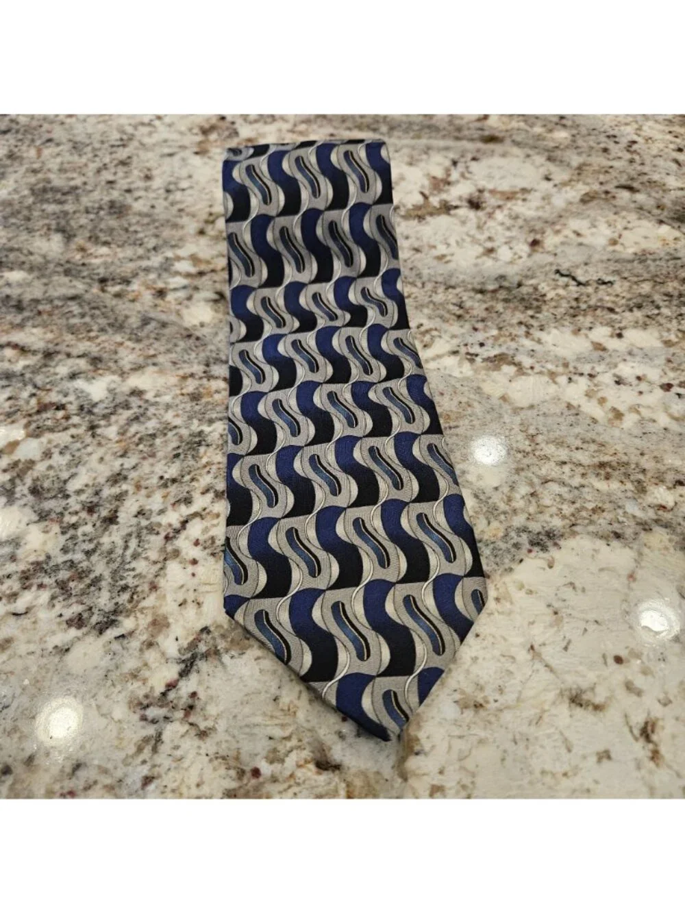 Ziggurat Blue Gray Black Patterned Mens Silk Tie